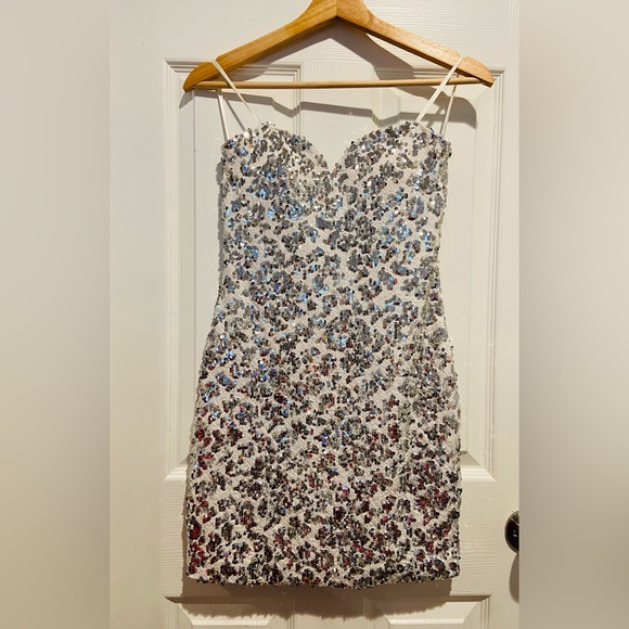 Wish Dresses & Skirts - As U Wish White Sequin Strapless Mini Dress with Silver & Blue Accents